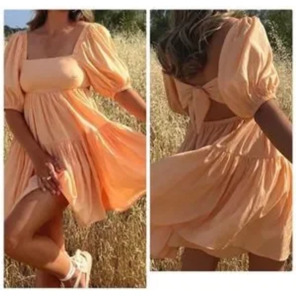 NWT Petal & Pup Brianna Tie Back Mini Dress Puff Sleeve Babydoll Light Orange L